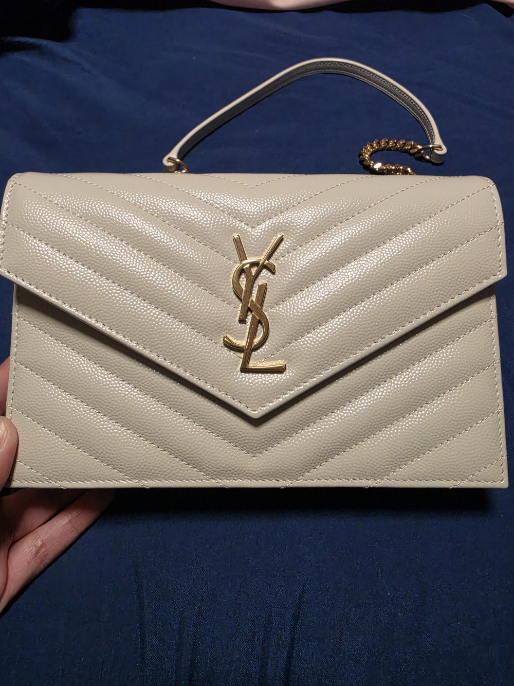 YSL CASSANDRE ENVELOPE CHAIN WALLET IN GRAIN DE POUDRE LEATHER WHITE